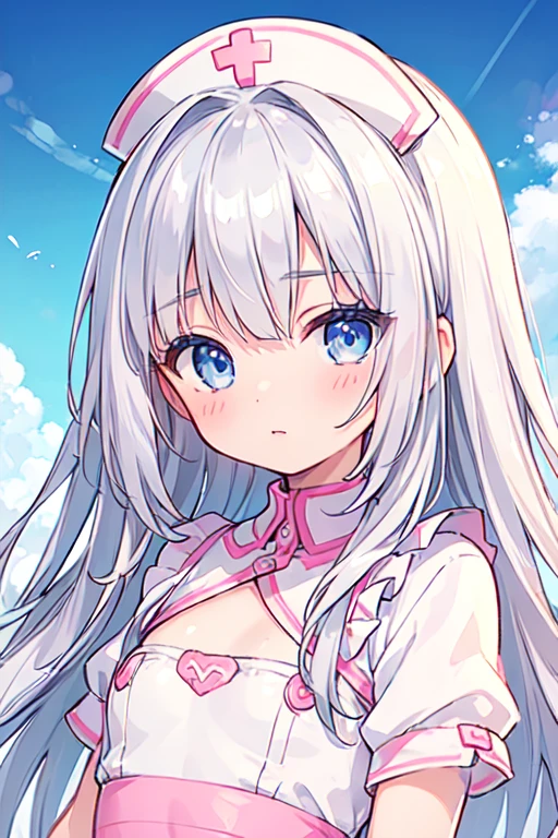 (best quality, masterpiece:1.2), ultra detailed, extremely detailed eyes and face, natural skin texture, detailed skin, natural lighting,
chibi, 1 girl, 12-years-old, (cute),
silver hair, middle hair, straight hair, shiny hair,
blue eyes,
flat chest,
pink nurse costume,
upper body,