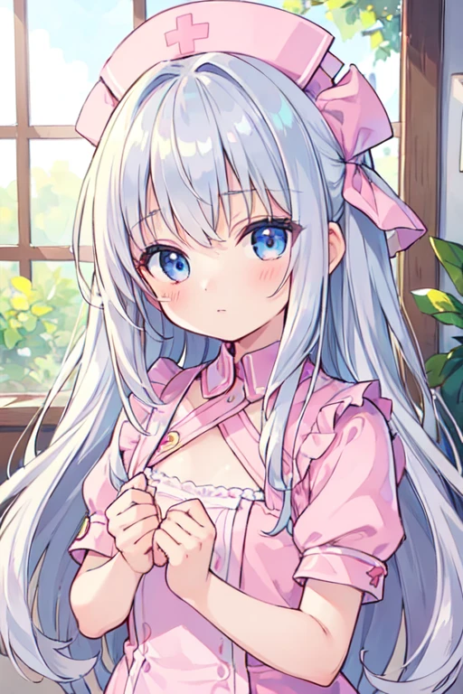 (best quality, masterpiece:1.2), ultra detailed, extremely detailed eyes and face, natural skin texture, detailed skin, natural lighting,
chibi, 1 girl, 12-years-old, (cute),
silver hair, middle hair, straight hair, shiny hair,
blue eyes,
flat chest,
pink nurse, clothes lift,
BREAK (orgasm face, aroused, blush:1.2),
BREAK (upper body:1.2), nsfw,