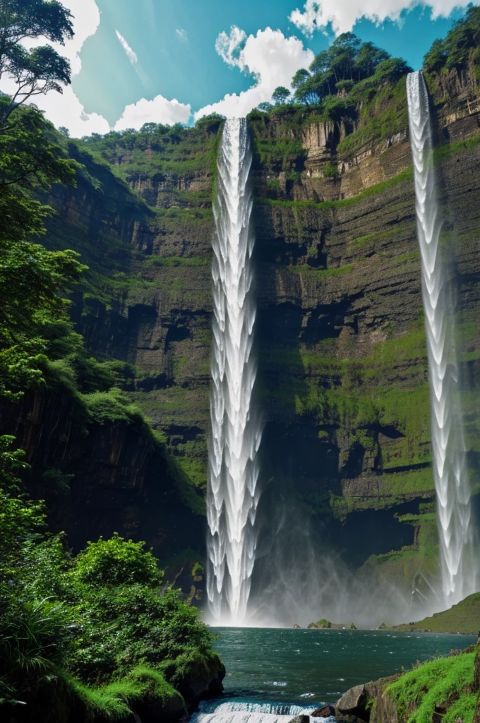 A fairly tall waterfall that is imposing to the human eye. 
