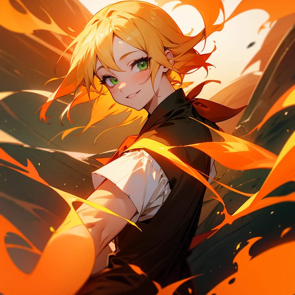 A girl with blonde and orange gradient hair、long、Green eyes、Wearing a red tie、Wearing 、Controlling Fire、smile、