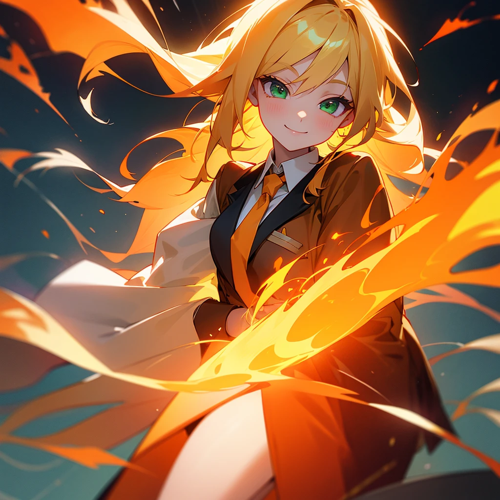A girl with blonde and orange gradient hair、long、Green eyes、Wearing a red tie、Wearing 、Controlling Fire、smile、
