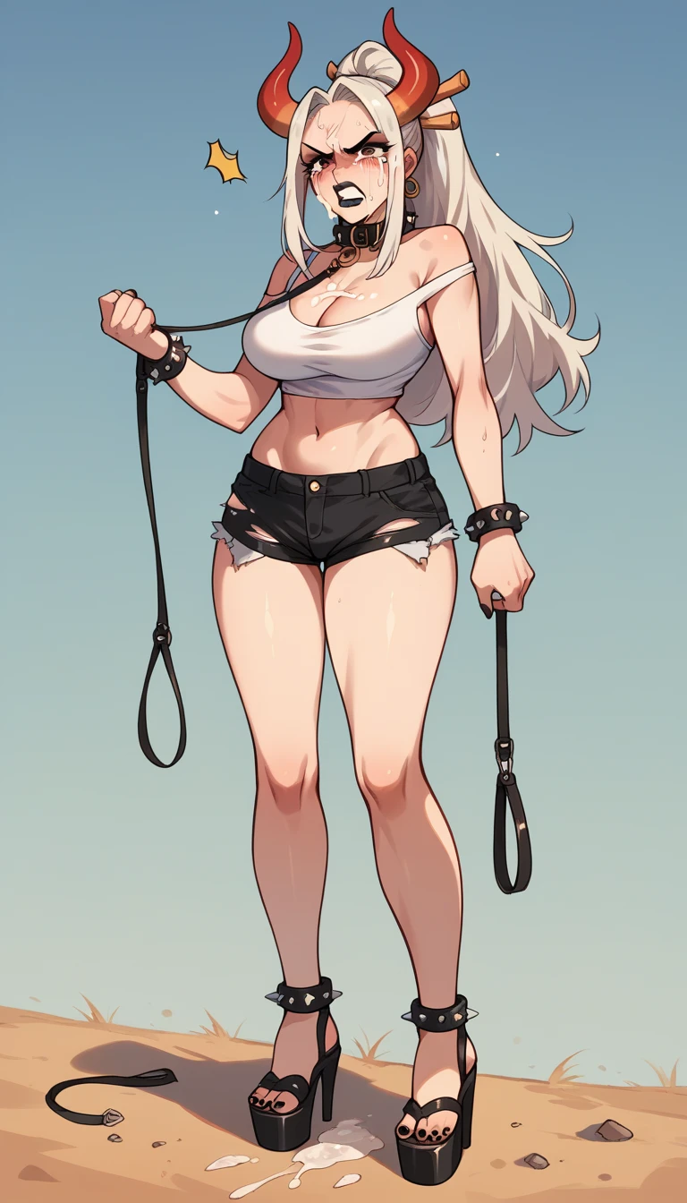 Yamato, open-toe platform heelless high heels, white crop-top, short shorts, cleavage, black lipstick, black eyeliner, black nails, dirt road, countryside, angry, crying, spiked collar, spiked wrist bracelets, leash on collar, spiked ankle bracelets, standing, ripped clothes, blushing, cum on face