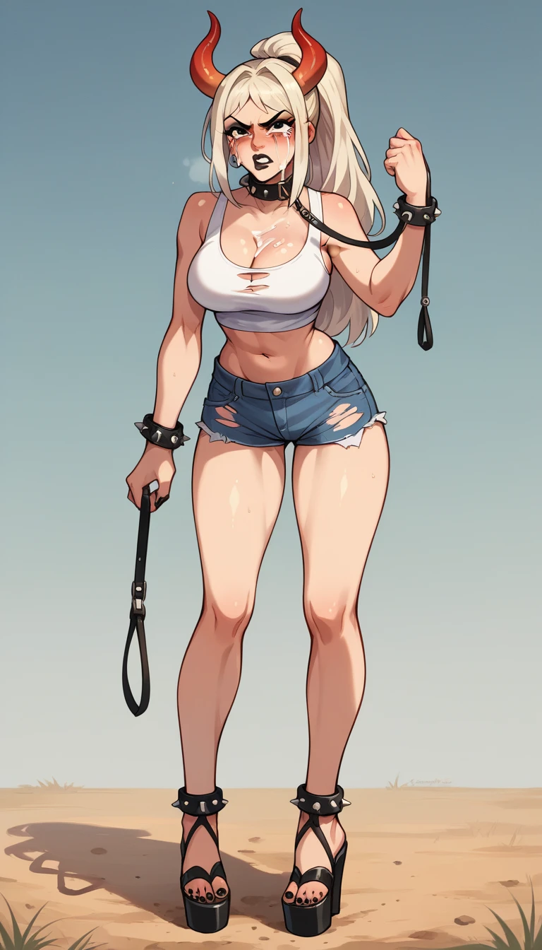 Yamato, open-toe platform heelless high heels, white crop-top, short shorts, cleavage, black lipstick, black eyeliner, black nails, dirt road, countryside, angry, crying, spiked collar, spiked wrist bracelets, leash on collar, spiked ankle bracelets, standing, ripped clothes, blushing, cum on face