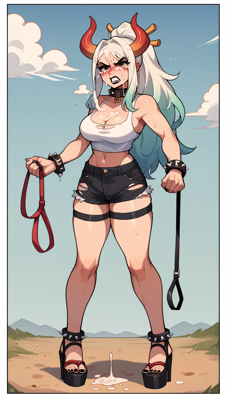 Yamato, open-toe platform heelless high heels, white crop-top, short shorts, cleavage, black lipstick, black eyeliner, black nails, dirt road, countryside, angry, crying, spiked collar, spiked wrist bracelets, leash on collar, spiked ankle bracelets, standing, ripped clothes, blushing, cum on face