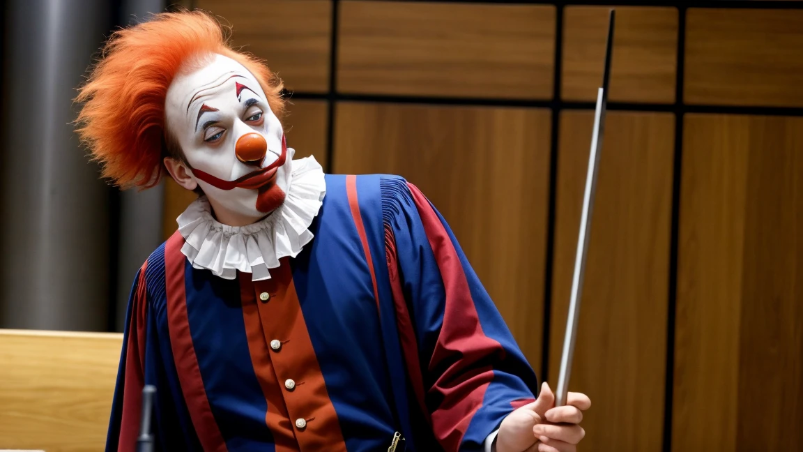 un juge avec une tête de clown dans un tribunal avec un marteau , réaliste