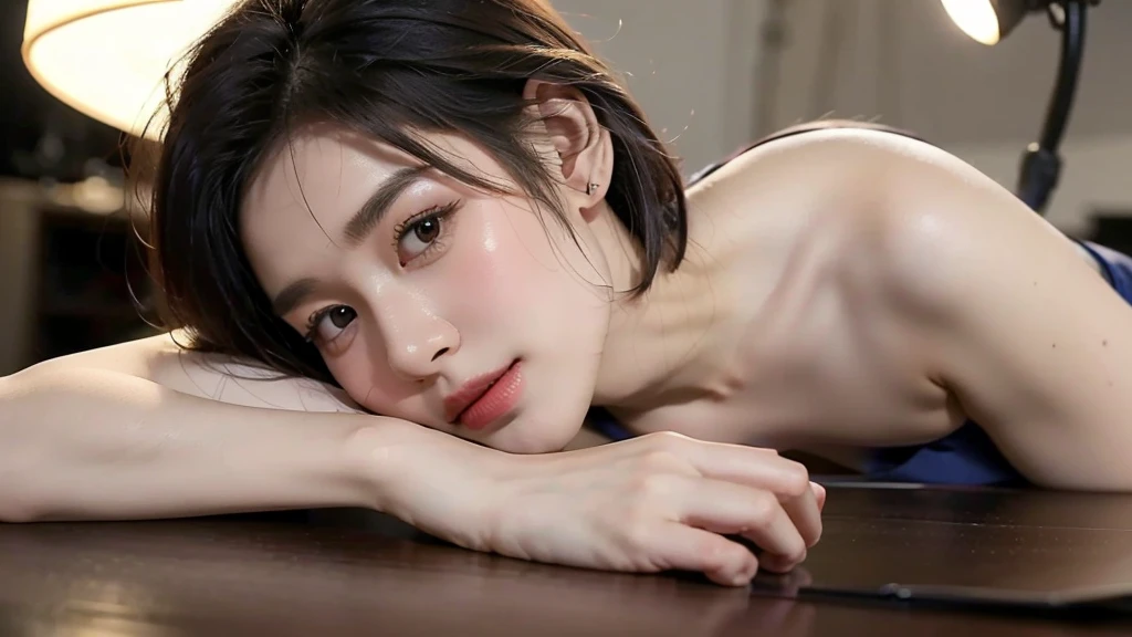 high-definition images, atmospheric perspective, 8k, super detail, accurate, best quality, angle from below, studio portraits shoot ,a woman,drooping eyes, sleepy face, blush, in the studio, model for photoshoot, posing , ((bo bc hair, short hair , length below ears)) , studio scene, dark , flashlight on , ((bo bc hair)), flags of Viet Nam