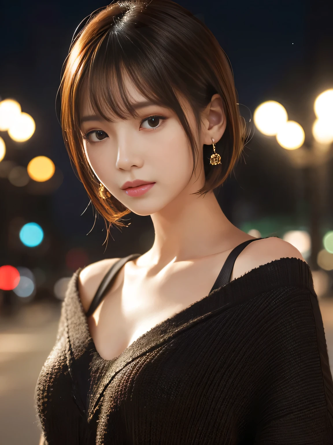 masterpiece, 1 beautiful girl, detailed eye, Puffy eyes, top-quality, high resolution, (Realisticity: 1.4), cinematlic lighting, Asian Beauty, Korea idol, Super beauty, Beautiful skin, slender, (A hyper-realistic), (hight resolution), (8K), (ighly detailed), (beautifully detailed eyes), (ultra-detailliert), (wall), detailed face, Bright lighting, profetional lighting, looking at viewert, Facing straight ahead, Black knitwear, oblique bangs, nighttime scene, Brown hair, age19, tall,