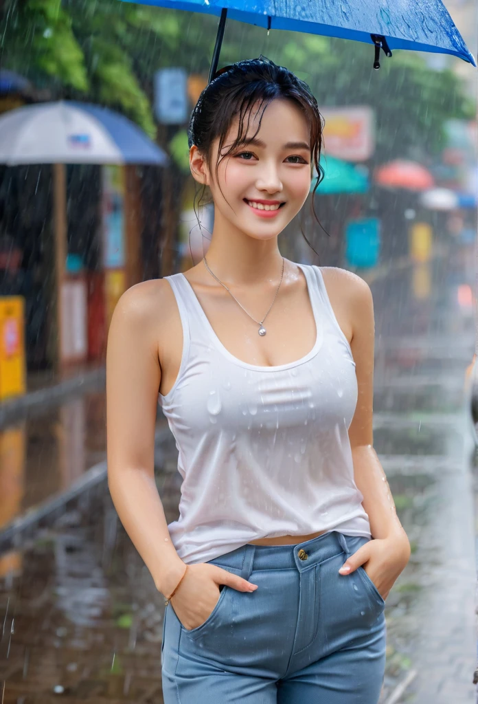 UHD,  cute Korean female,Chest size 39 inches, ponytail, smile, Wearing tank top, necklace, pants, on the street, wet, raining, 