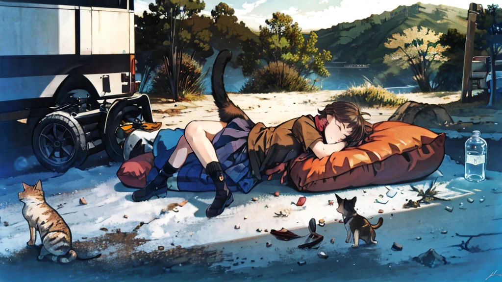 The lazy cat sleeps on the bed of the camping car in the snowy mountains.