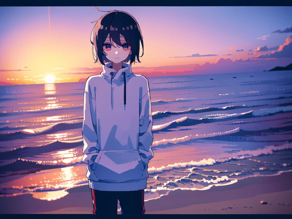 Sunset on the seaside road，A -yeld isoking at the camera with reluctant eyes.，Pixel style，Wearing a sweatshirt with his hands in his pockets, standing sideways，Upper body only，在镜头中的构图小且Located in the lower right corner of the camera，The lens is wide-angle and atmospheric，Located in the lower right corner of the camera，Pixel style