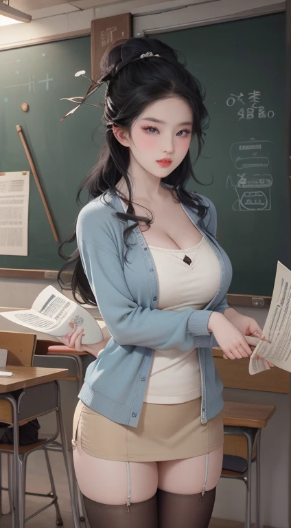 (best quality,4K,8K,high resolution,masterpiece:1.2),Very detailed,(Practical,photoPractical,photo-Practical:1.37),Nezuko Kamado,Sexy teacher,Beautiful and delicate eyes,Beautiful and delicate lips,Long eyelashes,Black long hair,Large Breasts，Showing cleavage，fit,Clive Arch,Revealing clothes,Short skirt,Suggestive underwear,Confident Posture,Teaching sex education,Classroom environment,blackboard,Books and papers,学生Focus于,Express participation and interest,Focus、professional teaching,Educational posters on the wall,Vibrant colors,Studio Lighting,Soft warm tones,Warm and welcoming atmosphere
