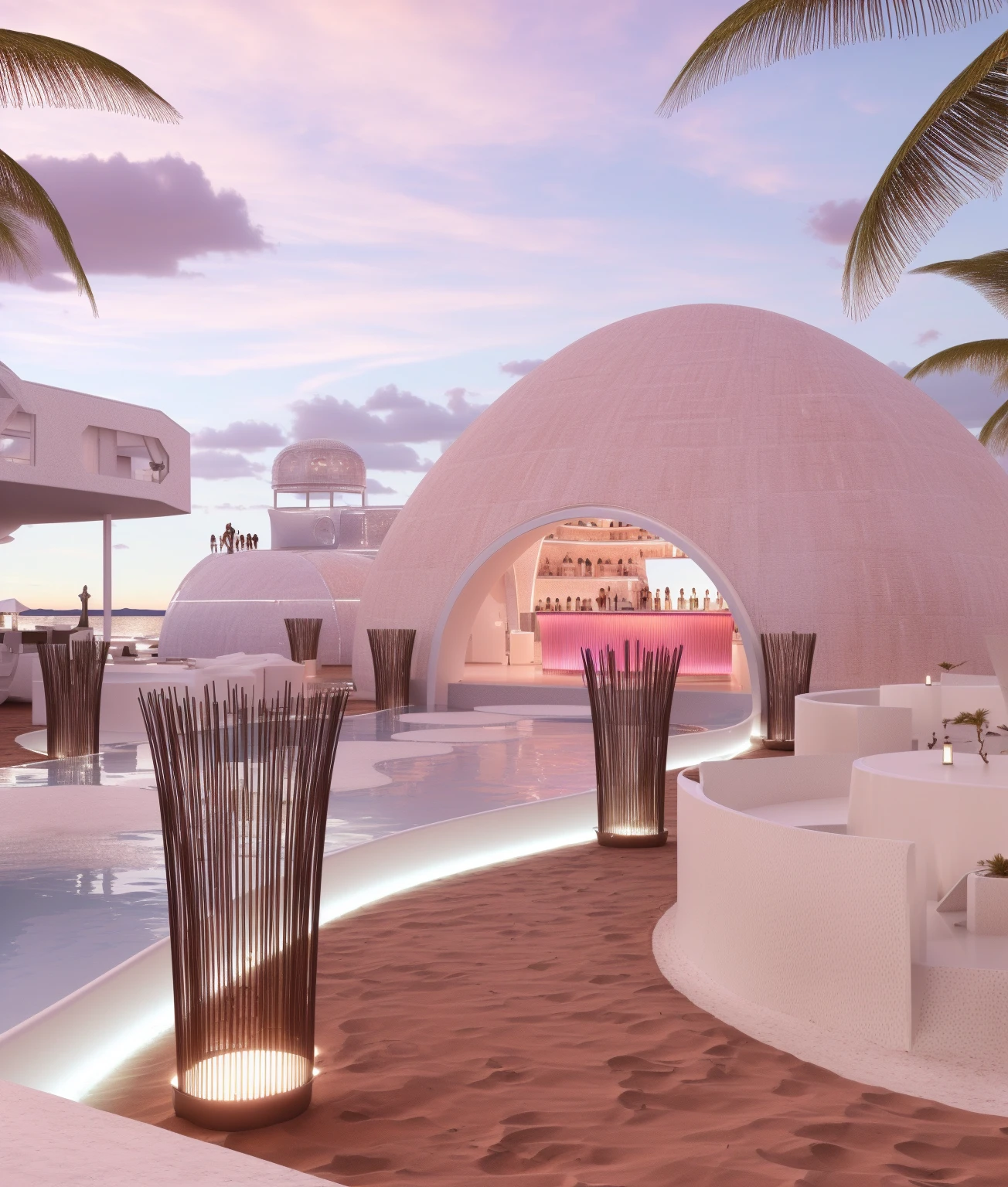 （masterpiece, best quality, high quality, Extremely detailed CG Unity 8K wallpaper, Realistic photos, Depth of Field）, There is a white building，There is a swimming pool and a bar in the middle, beach bar, Ibiza dance inspiration, futuristic marrakech, In a futuristic desert palace, seashell house, Futuristic Dome, a Digital Renderinging, In the seaside environment, futuristic marrakech morocco, Detailed scenario, V-Ray, V-Ray, Digital Renderinging, Digital Rendering, Futuristic Background