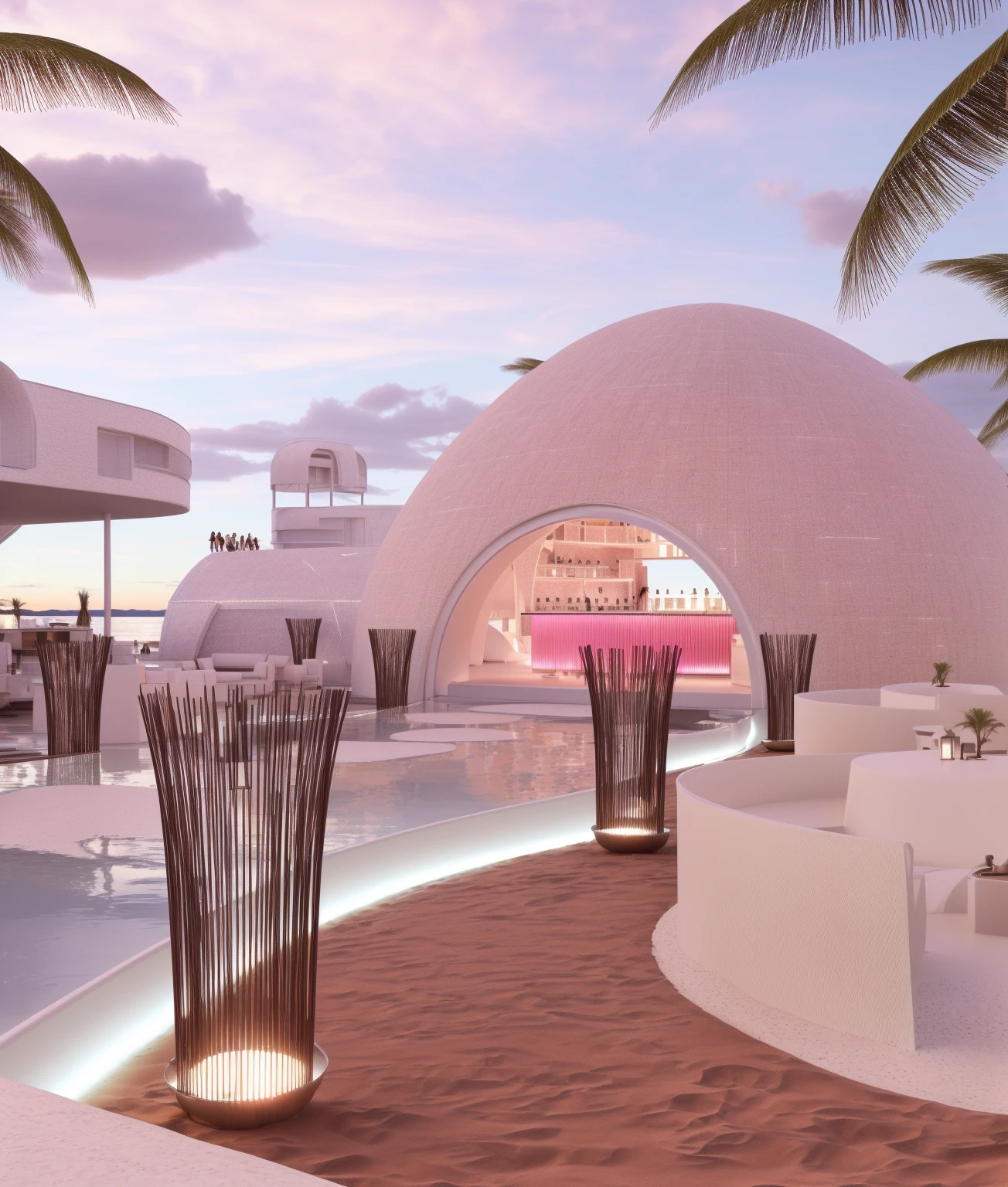 （masterpiece, best quality, high quality, Extremely detailed CG Unity 8K wallpaper, Realistic photos, Depth of Field）, There is a white building，There is a swimming pool and a bar in the middle, beach bar, Ibiza dance inspiration, futuristic marrakech, In a futuristic desert palace, seashell house, Futuristic Dome, a Digital Renderinging, In the seaside environment, futuristic marrakech morocco, Detailed scenario, V-Ray, V-Ray, Digital Renderinging, Digital Rendering, Futuristic Background