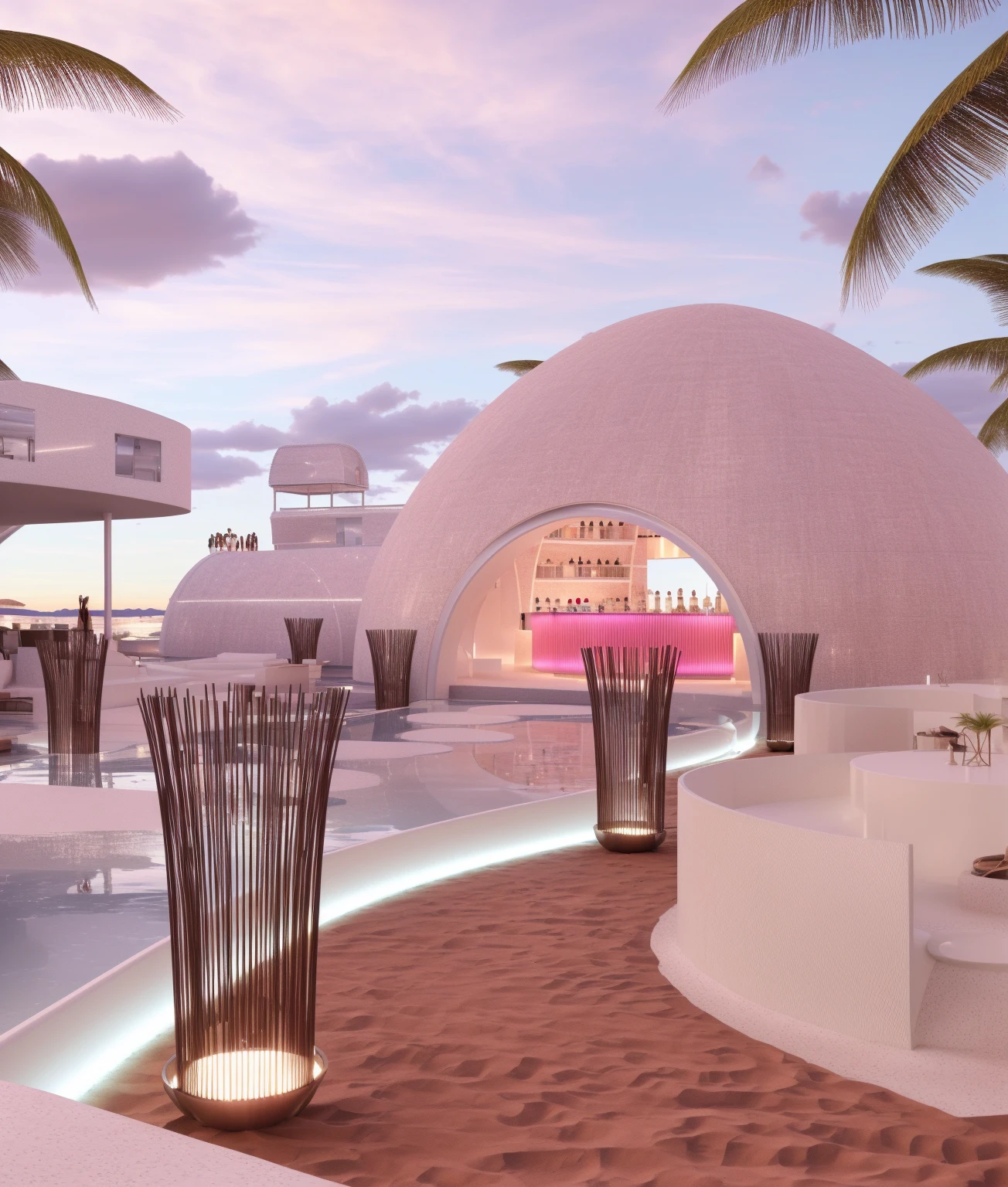 （masterpiece, best quality, high quality, Extremely detailed CG Unity 8K wallpaper, Realistic photos, Depth of Field）, There is a white building，There is a swimming pool and a bar in the middle, beach bar, Ibiza dance inspiration, futuristic marrakech, In a futuristic desert palace, seashell house, Futuristic Dome, a Digital Renderinging, In the seaside environment, futuristic marrakech morocco, Detailed scenario, V-Ray, V-Ray, Digital Renderinging, Digital Rendering, Futuristic Background