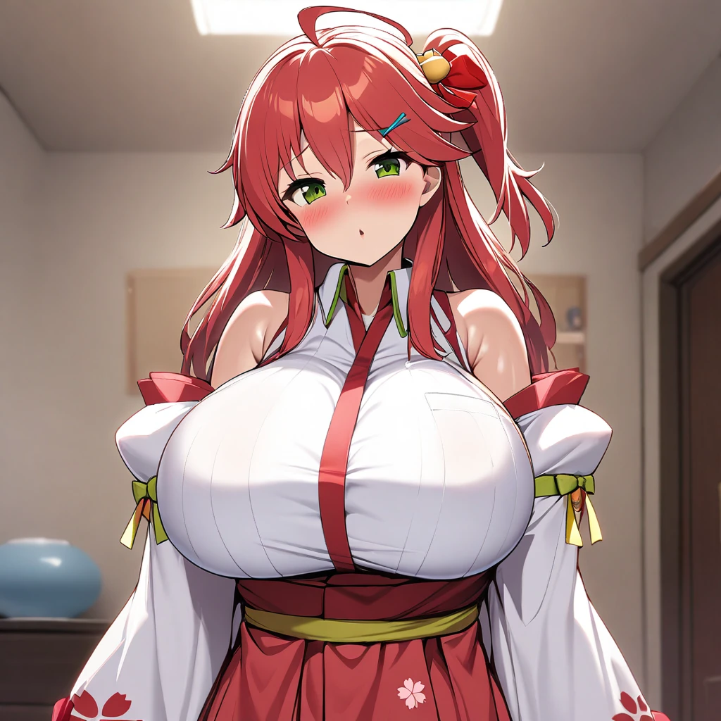 sakura miko,1girl,solo,Females in heat,blush,super huge breasts,slender,looking at viewer,near