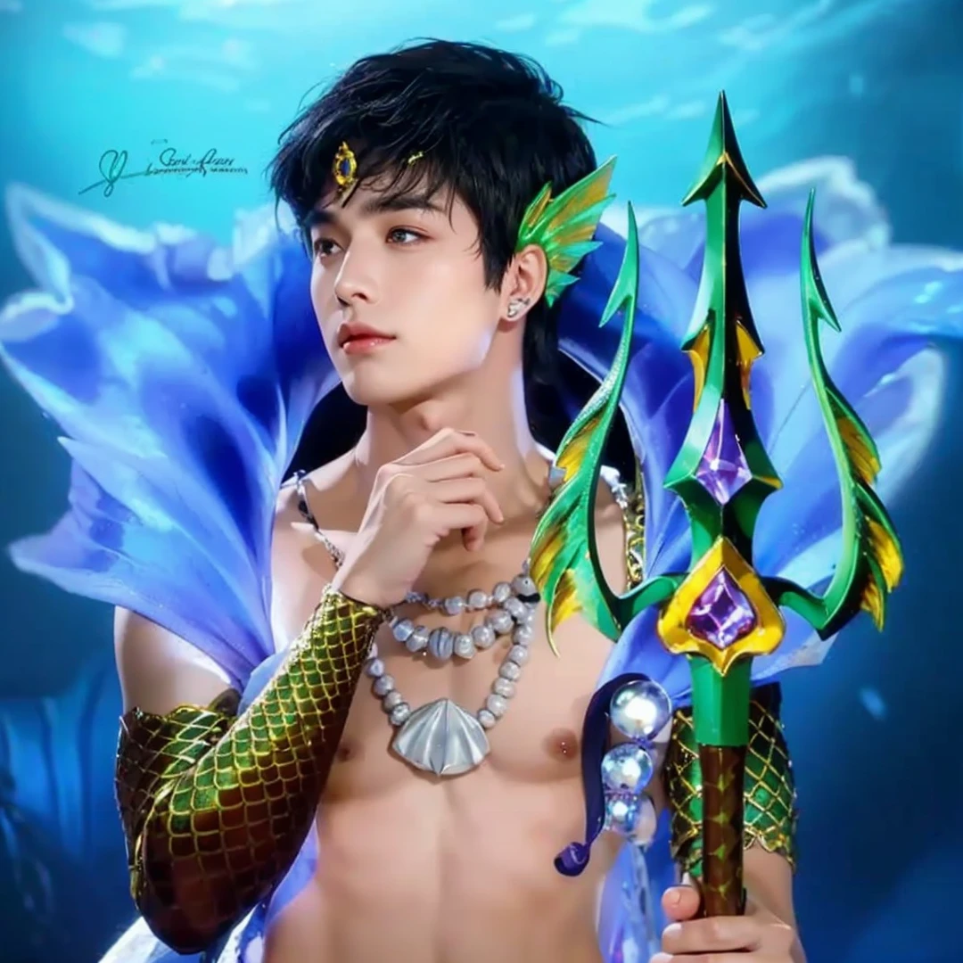 Handsome boy, black hair, purple eyes, have fish ear, wearing blue water cape, wearing sea shell necklace, holding green trident with purple gems 