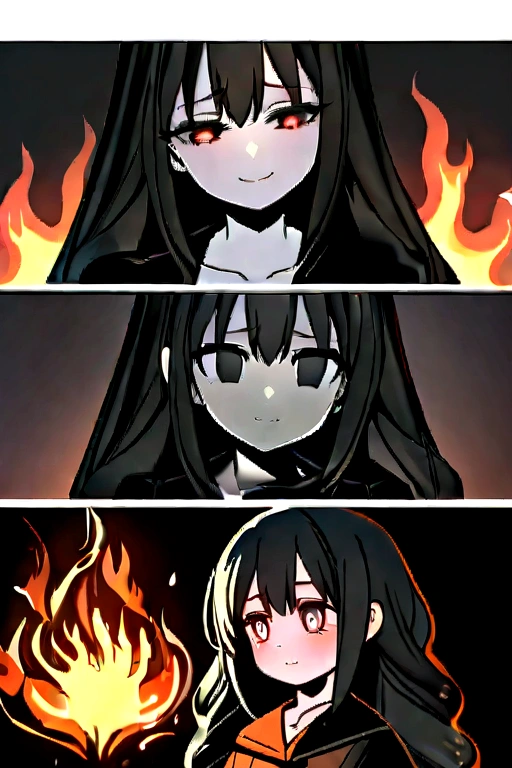 depressed anime girl black theme wid very powerful aura, wid beautiful eyes, beautiful hairs, best quality, hd, 8k, very detailed, highly detailed, very cute girl, very depressed but showing that she is ok from her smile,very insensitive, but cute, all around fire, burning,