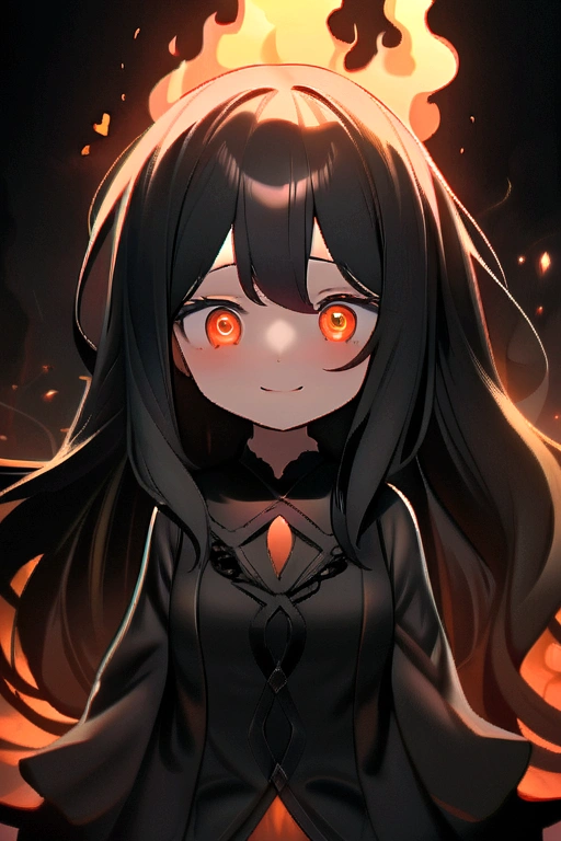 depressed anime girl black theme wid very powerful aura, wid beautiful eyes, beautiful hairs, best quality, hd, 8k, very detailed, highly detailed, very cute girl, very depressed but showing that she is ok from her smile,very insensitive, but cute, all around fire, burning,