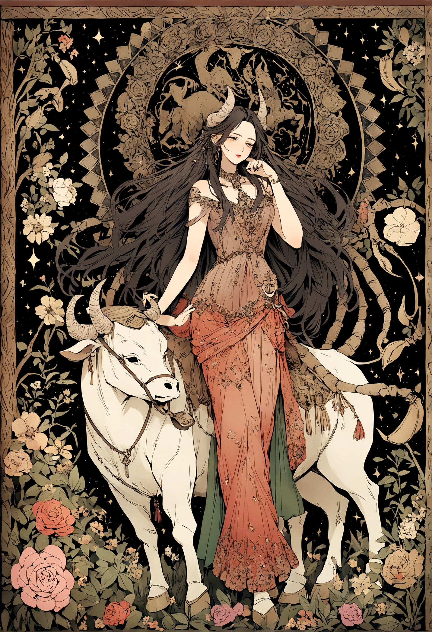 Please, create an image that represents a Scorpio woman dedicating a passionate song to a Taurus man. The Scorpio woman must be emotional and passionate, with an air of mystery and intensity, hornless. The Taurus man should appear calm, stable and slightly distant, appreciating the gesture but without showing too much interest. Includes symbols of the zodiac signs of Scorpio (the Scorpion) and Taurus (The bull), with intense colors and a deep romantic atmosphere. Make sure Taurus doesn't seem too emotionally involved and Scorpio doesn't have horns.