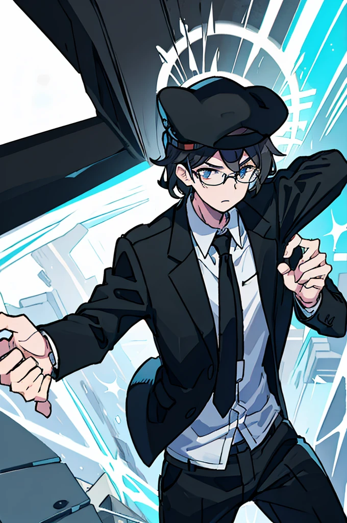 Young man, black shorts hair, eyes gray, glasses, black Fedora hat, black suit, black pants, pocket clock, strong