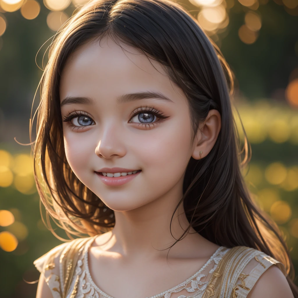 A 3-year-old cute girl, beautiful detailed eyes, beautiful detailed lips, extremely detailed eyes and face, long eyelashes, adorable smile, natural lighting, golden hour, photorealistic, 8k, best quality, highly detailed, masterpiece, portrait, fine art photography, soft bokeh, warm color tones