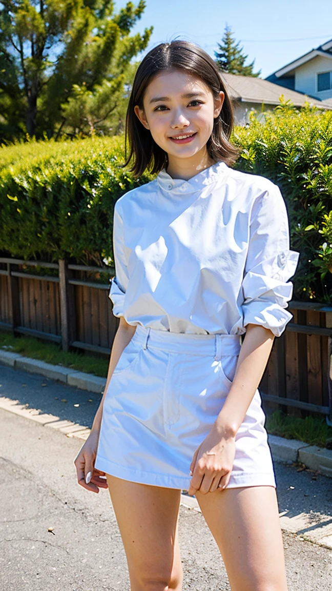 nsfw, (8K、RAW Photos、Highest quality、masterpiece:1.2)、(Realistic、Realistic)、1 Girl、((Thin legs、whole body、garden、smile、View from the front、Looking into the camera、Stand with hands on hips))、Completely naked、 clothes、Medium sized breasts、I can see her pussy、I have a little pubic hair、Masturbating with your hands、Love juice is overflowing