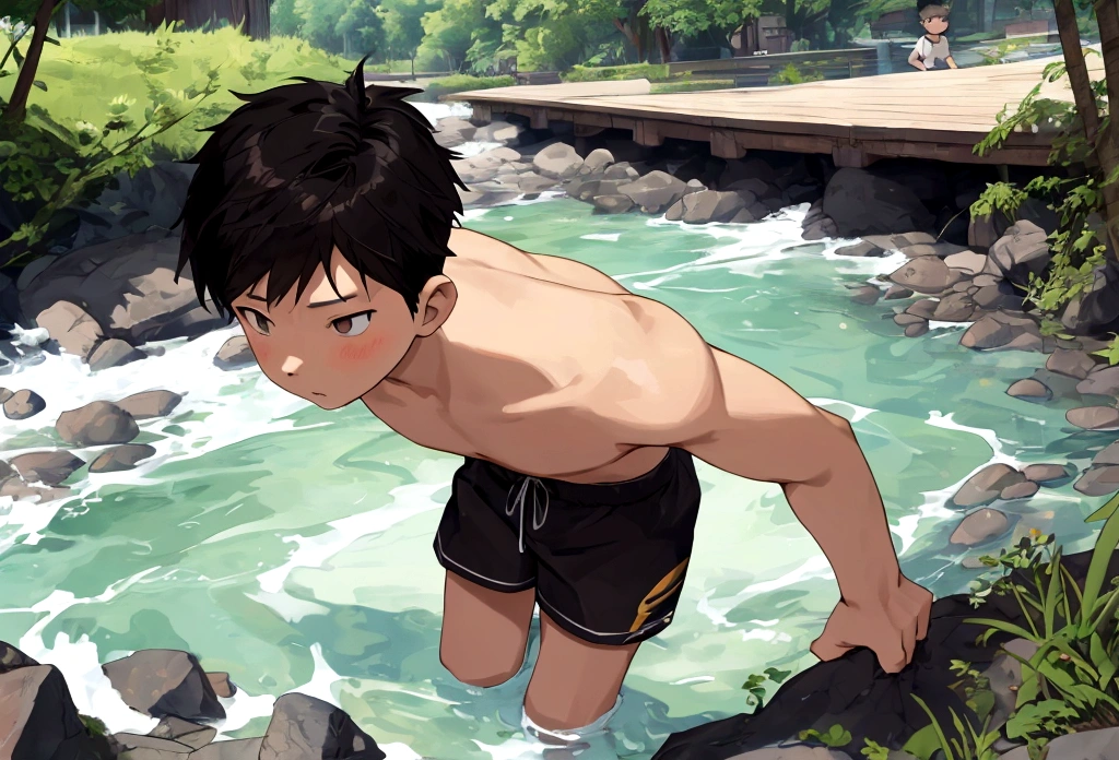 Cute, , Bare, , 2 boys, child, Boy showing off his figure, Male focus, swim, Full body picture, , Waterside