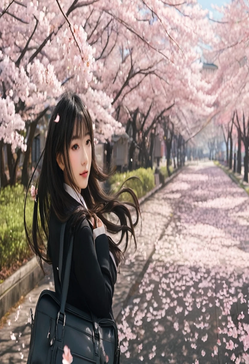 there is a woman standing on a sidewalk with a bag, sakura petals around her, sakura season, portrait of a japanese teen, under sakura tree, cherry blossoms in the wind, realistic, sakura tree in background, cherry blossom falling, sakura season dynamic lighting, cherry blossoms, beautiful high school girl, beautiful girl