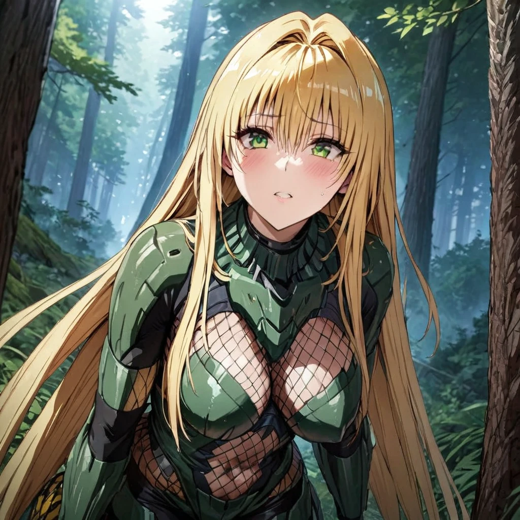 ((Highest quality)), ((masterpiece)), (detailed), （Perfect Face）、The woman is a predator named Tearju, with green eyes, blonde medium-long hair, wearing a predator suit, and is hunting humans in the forest.