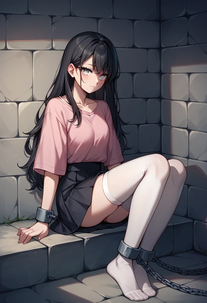 score_9, score_8_up, score_7_up, score_6_up, score_5_up, score_4_up, source_anime, 1girl, worth, black hair, loose hair, white eyes, w-w-chain, shackles ,put on hand's, long hair, pink shirt, skirt, white stockings,night, dungeon, best quality, best res, 4K UHD,