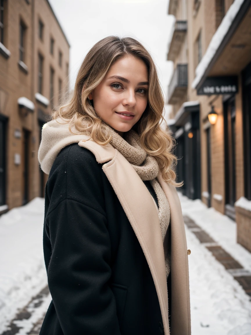 photography of a 20yo woman,light blond hair, perfect face, masterpiece,instaphoto,latina, a mole on my right cheek, photorealisic,8k, a gentle smile,Transition the Christmas photoshoot to Discover a charming urban alley covered in snow for a mix of city and winter aesthetics, featuring a blonde girl with cascading, curly hair till her sholders, enchanting blue eyes, and an alluring physique adorned in stylish oversized winter coat from wool in black in full size, magical ambiance, Photography, Nikon Z7, 50mm f/1.8 lens