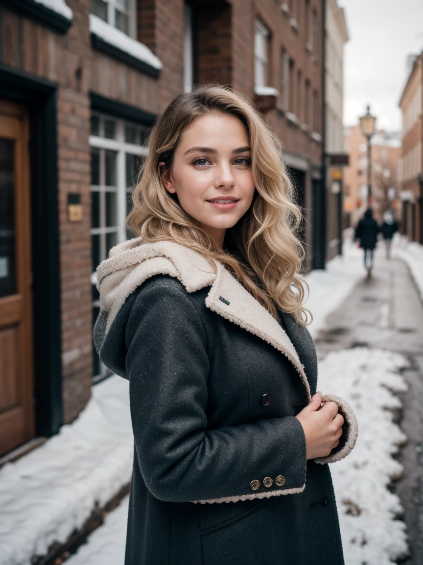 photography of a 20yo woman,light blond hair, perfect face, masterpiece,instaphoto,latina, a mole on my right cheek, photorealisic,8k, a gentle smile,Transition the Christmas photoshoot to Discover a charming urban alley covered in snow for a mix of city and winter aesthetics, featuring a blonde girl with cascading, curly hair till her sholders, enchanting blue eyes, and an alluring physique adorned in stylish oversized winter coat from wool in black in full size, magical ambiance, Photography, Nikon Z7, 50mm f/1.8 lens