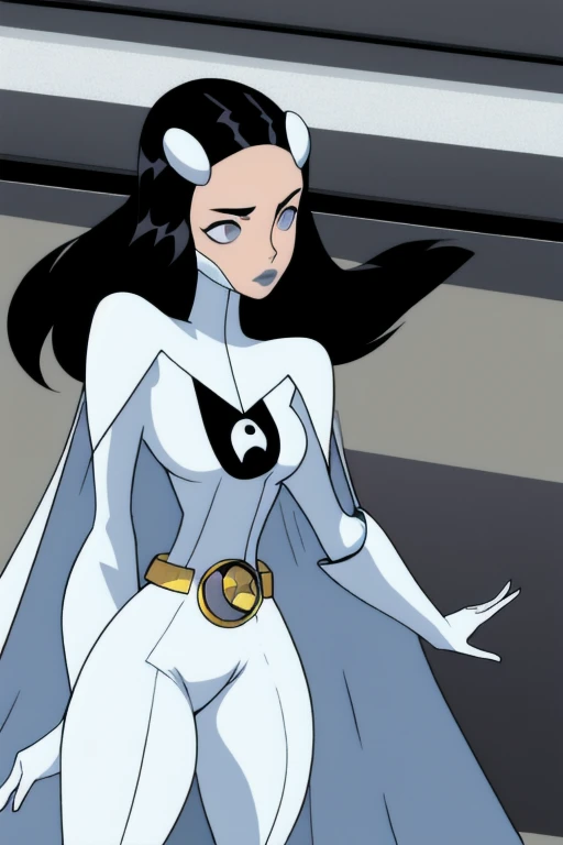 Phantom girl, Tinya Wazzo, solo, girl1, long black hair, white bodysuit, grey eyes, grey lips, belt, white cape, white gloves, city