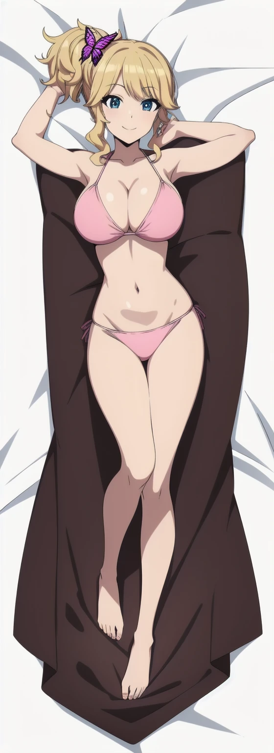 anime style, best quality, high quality, detailed face, detailed eyes, 
((white background)), dakimakura, 
(on back, laying, full body), Looking at Viewer, 
Kiri Izumi, solo, solo focus, blond hair, side ponytail, hair butterfly ornament, large breasts, 
pink bikini, cleavage, navel, smile, 