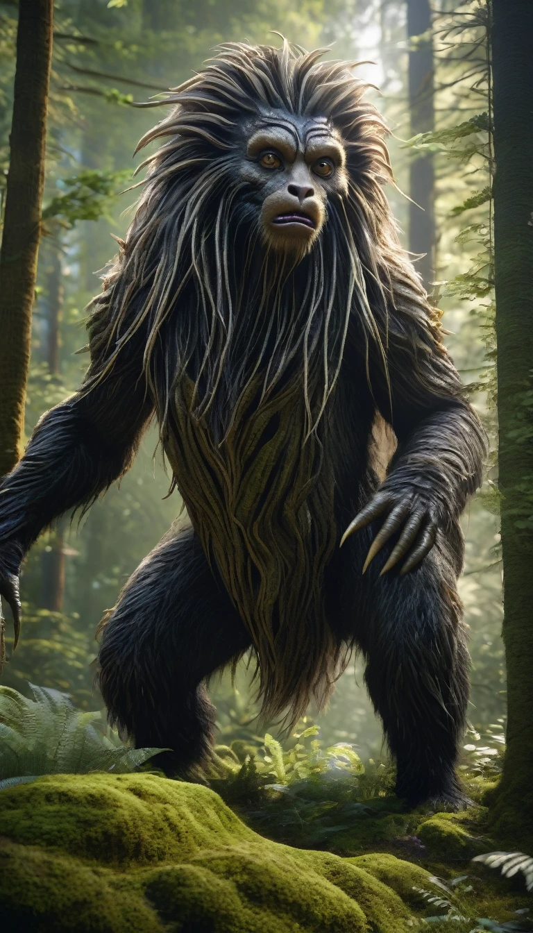 There is a creature in the forest,Human-like appearance,Full of hair(best quality,4K,8K,High level,masterpiece:1.2),Ultra Detailed,(lifelike,Photo real,Photo real:1.37),Highly detailed animals,Complex patterns,Realistic lighting,Fantasy Creatures