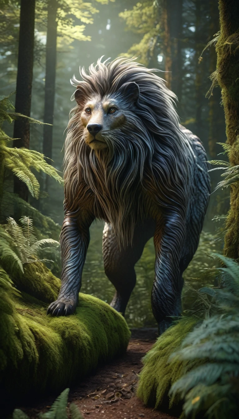 There is a creature in the forest,Human-like appearance,Full of hair(best quality,4K,8K,High level,masterpiece:1.2),Ultra Detailed,(lifelike,Photo real,Photo real:1.37),Highly detailed animals,Complex patterns,Realistic lighting,Fantasy Creatures