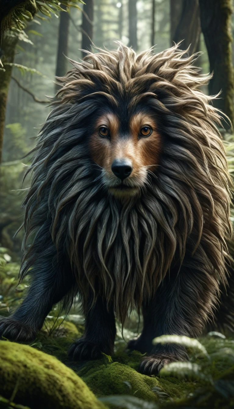 There is a creature in the forest,Human-like appearance,Full of hair(best quality,4K,8K,High level,masterpiece:1.2),Ultra Detailed,(lifelike,Photo real,Photo real:1.37),Highly detailed animals,Complex patterns,Realistic lighting,Fantasy Creatures
