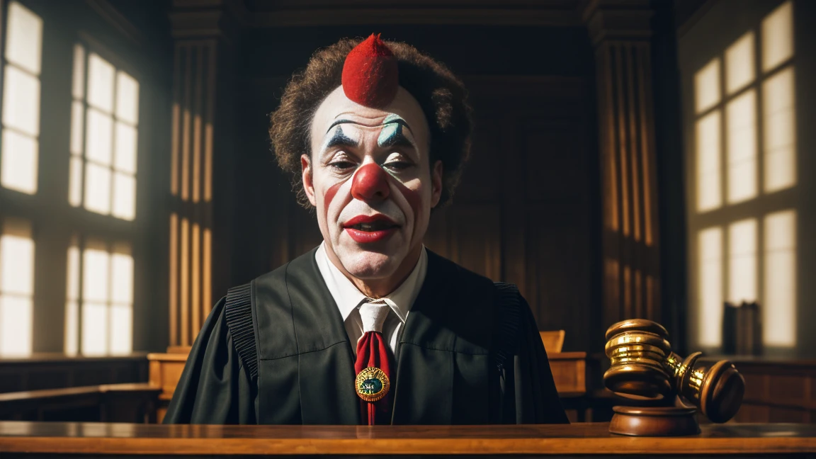 a realistic judge with a clown head in a courtroom with a gavel, highly detailed, 4k, photorealistic, cinematic lighting, dramatic shadows, vivid colors, dramatic composition, chiaroscuro lighting, tenebrism, oil painting, impasto texture, dynamic pose, expressive facial features, intricate details, hyperrealistic