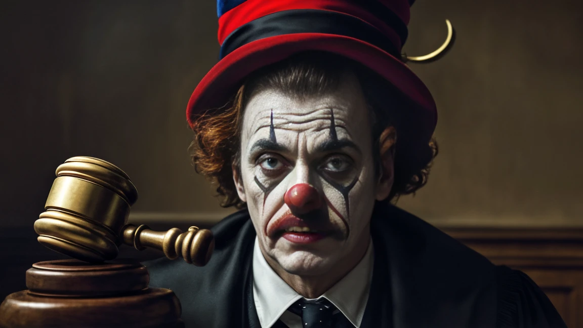 a realistic judge with a clown head in a courtroom with a gavel, highly detailed, 4k, photorealistic, cinematic lighting, dramatic shadows, vivid colors, dramatic composition, chiaroscuro lighting, tenebrism, oil painting, impasto texture, dynamic pose, expressive facial features, intricate details, hyperrealistic