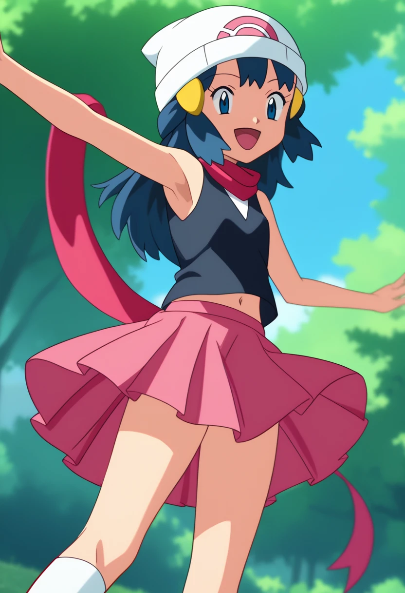 score_9, score_8_up, score_7_up, source anime, anime, animification, anime screencap, anime coloring, vivid colors, shiny skin, skindentation, deep skin, depth of field, high quality, highres, (dynamic angle,dynamic pose), dawncheerxl, 1girl, solo, long hair, looking at viewer, smile, open mouth, blue eyes,beanie, black sleeveless shirt, pink scarf, pink skirt, pink boots,outdoors, hair ornament, sky, holding, blue hair, :d, sidelocks, tongue, socks, hairclip, eyelashes , dawn \(pokemon\) BREAK masterpiece,high quality