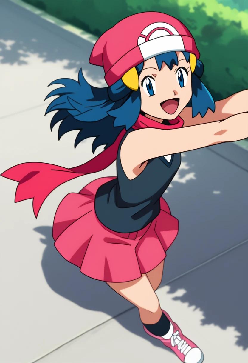 score_9, score_8_up, score_7_up, source anime, anime, animification, anime screencap, anime coloring, vivid colors, shiny skin, skindentation, deep skin, depth of field, high quality, highres, (dynamic angle,dynamic pose), dawncheerxl, 1girl, solo, long hair, looking at viewer, smile, open mouth, blue eyes,beanie, black sleeveless shirt, pink scarf, pink skirt, pink boots,outdoors, hair ornament, sky, holding, blue hair, :d, sidelocks, tongue, socks, hairclip, eyelashes , dawn \(pokemon\) BREAK masterpiece,high quality