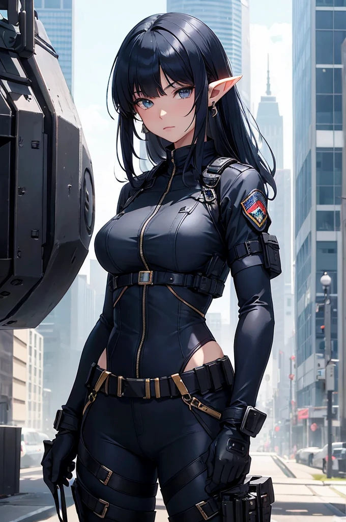 Create an image of an elf girl with dark navy blue hair and straight-cut bangs. She is a member of a special forces police unit. She has long, horizontally extended elf ears, with the right ear cut off and adorned with a large red earring in the cut ear. The background should feature a city inside a dome, with a black armored vehicle beside her. アサルトライフルを持つ