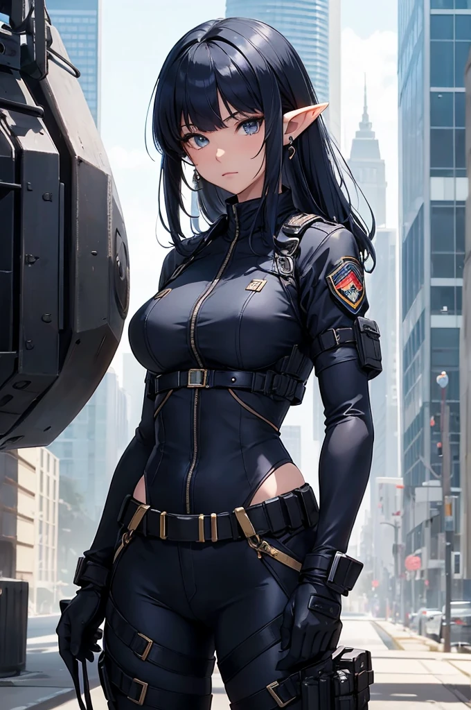 Create an image of an elf girl with dark navy blue hair and straight-cut bangs. She is a member of a special forces police unit. She has long, horizontally extended elf ears, with the right ear cut off and adorned with a large red earring in the cut ear. The background should feature a city inside a dome, with a black armored vehicle beside her. アサルトライフルを持つ