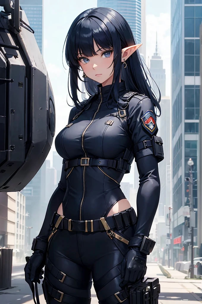 Create an image of an elf girl with dark navy blue hair and straight-cut bangs. She is a member of a special forces police unit. She has long, horizontally extended elf ears, with the right ear cut off and adorned with a large red earring in the cut ear. The background should feature a city inside a dome, with a black armored vehicle beside her. アサルトライフルを持つ