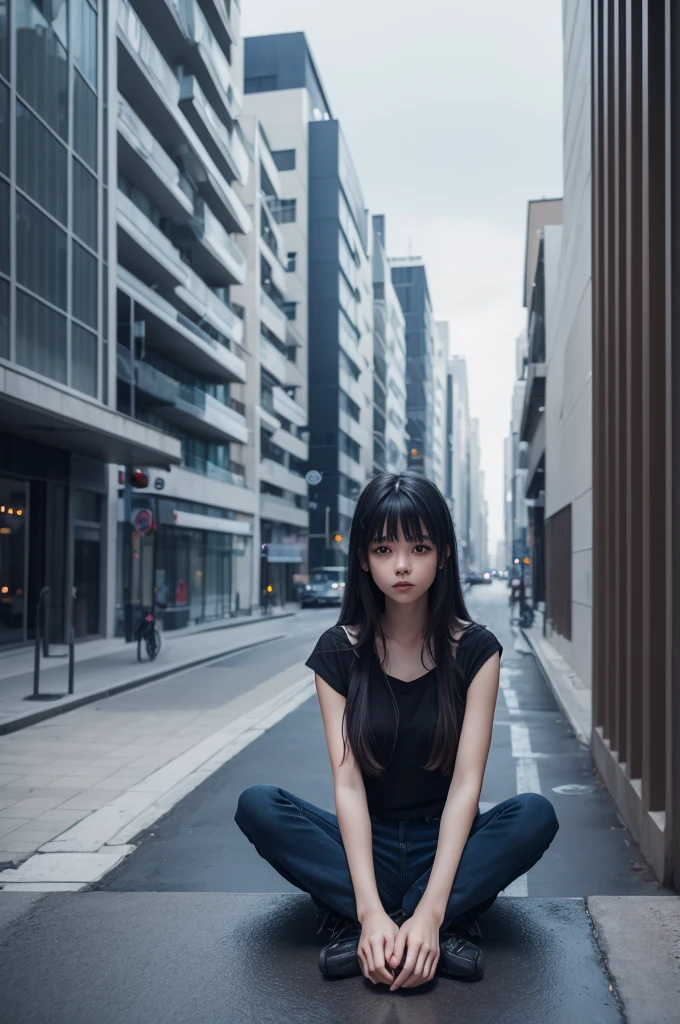 human girl in realistic art, sad girl dark color landscape of girl sitting on top of a building, with straight hair down to chest length, with tips dyed dark blue