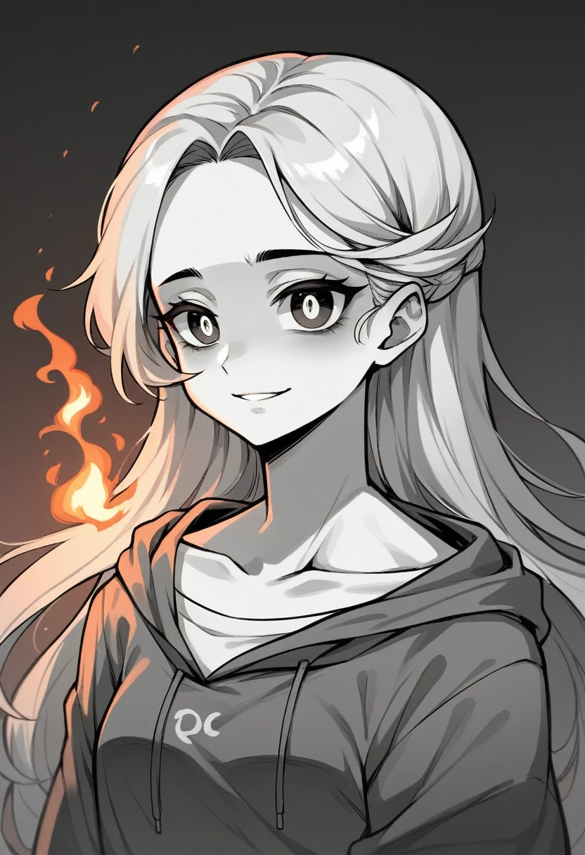 depressed anime girl black theme wid very powerful aura, wid beautiful eyes, beautiful hairs, best quality, hd, 8k, very detailed, highly detailed, very cute girl, very depressed but showing that she is ok from her smile,very insensitive, but cute, all around fire, burning, 