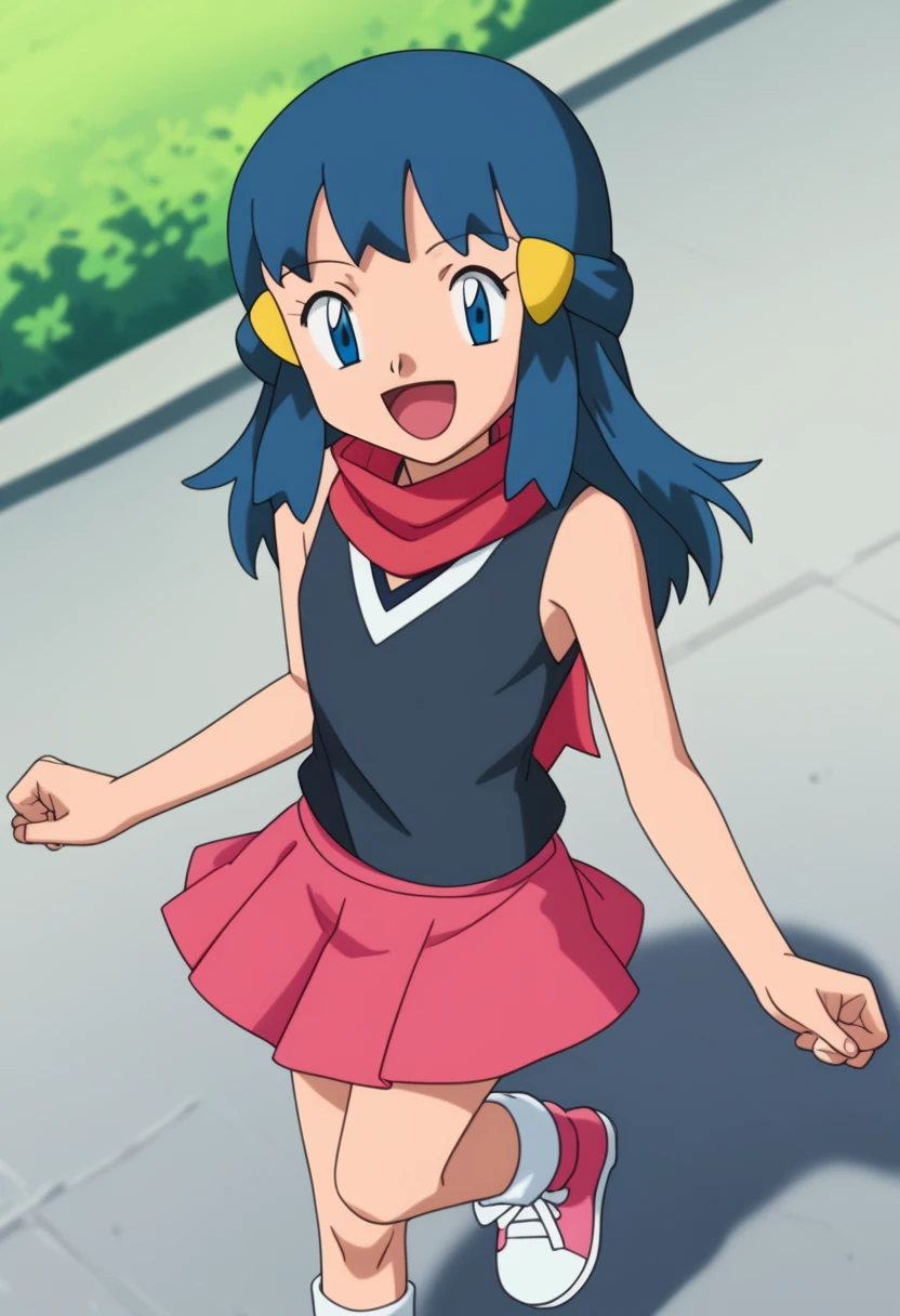 score_9, score_8_up, score_7_up, source anime, anime, animification, anime screencap, anime coloring, vivid colors, shiny skin, skindentation, deep skin, depth of field, high quality, highres, (dynamic angle,dynamic pose), dawncheerxl, 1girl, solo, long hair, looking at viewer, smile, open mouth, blue eyes,beanie, black sleeveless shirt, pink scarf, pink skirt, pink boots,outdoors, hair ornament, sky, holding, blue hair, :d, sidelocks, tongue, socks, hairclip, eyelashes , dawn \(pokemon\) BREAK masterpiece,high quality