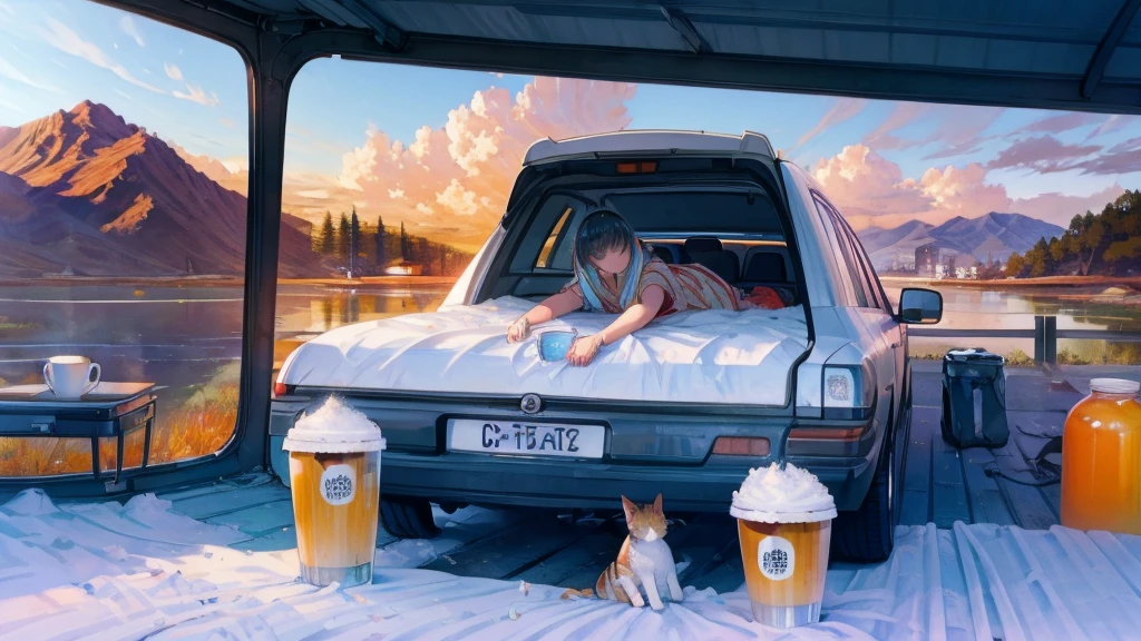 The lazy cat sleeps on the bed of the camping car in the snowy mountains. A cup of hot coffee on the table for a fresh morning.