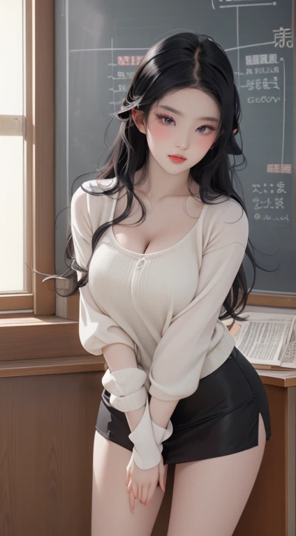 (best quality,4K,8K,high resolution,masterpiece:1.2),Very detailed,(Practical,photoPractical,photo-Practical:1.37),Nezuko Kamado,Sexy teacher,Beautiful and delicate eyes,Beautiful and delicate lips,Long eyelashes,Black long hair,Large Breasts,Showing cleavage,fit,Clive Arch,Revealing clothes,Short skirt,Suggestive underwear,Confident Posture,Teaching sex education,Classroom environment,blackboard,Books and papers,学生Focus于,Express participation and interest,Focus、professional teaching,Educational posters on the wall,Vibrant colors,Studio Lighting,Soft warm tones,Warm and welcoming atmosphere