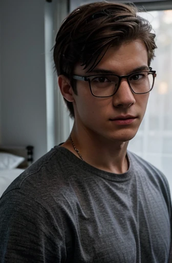 Generate an image of a well-built 17-year-old Russian male, 5'10" tall, wearing glasses. He has short, dark hair, a serious expression, and is dressed in casual but neat clothing, taking a selfie of his face in his bedroom light turned off.